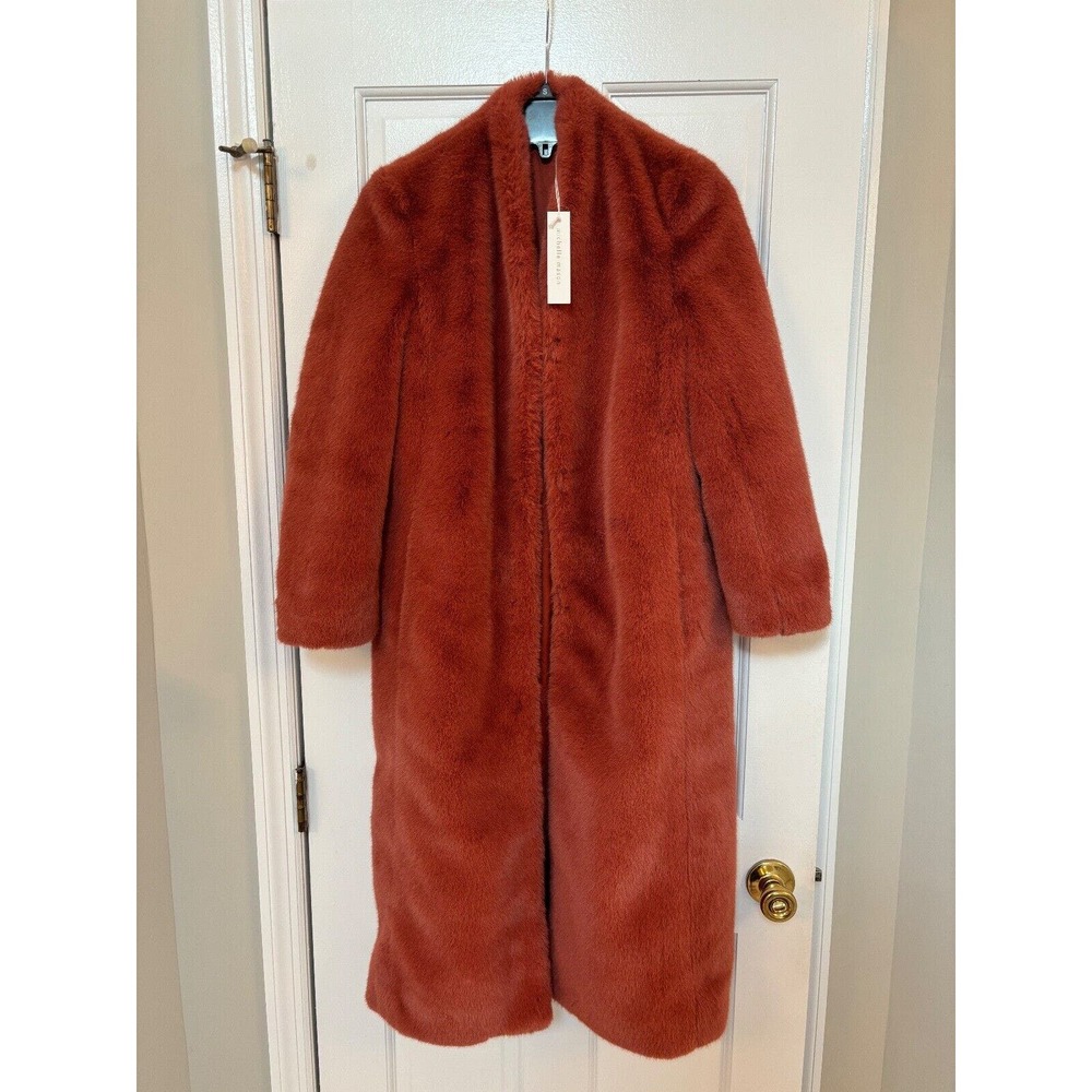 NWT Michelle Mason Womens Size 0 Faux Fur Coat Red Orange Dune Heavyweight Warm - Picture 5 of 10